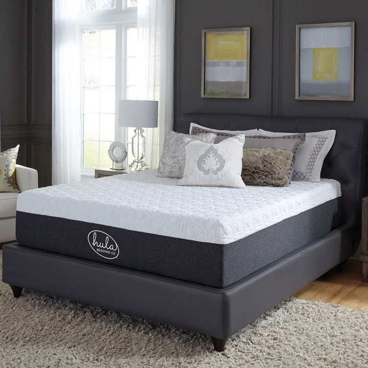 Bedroom with a black and white mattress on a bed